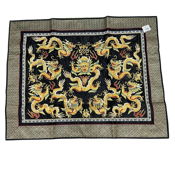 Dun Huang Chinese Satin Embroidered Piece Dragon Gold Red 30" x 24" NWT - Picture 1 of 8